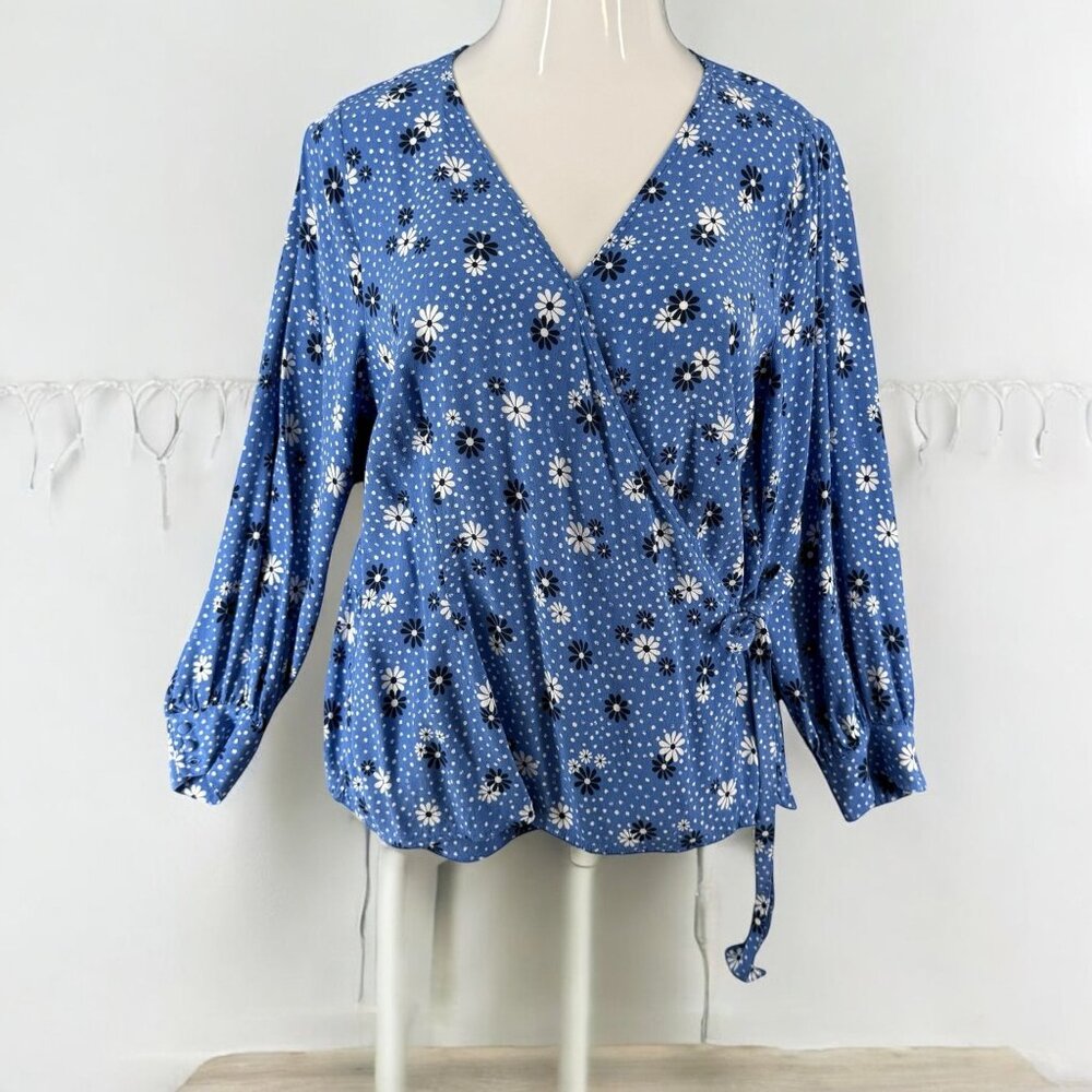 Talbots Plus 1X Blue White Floral Daisey Faux Wrap V Neck Blouse Cottage Boho